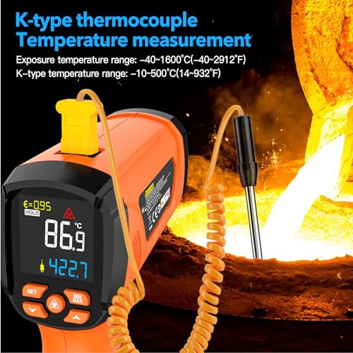Infrared Thermometer Temperature Gun,-40℉~2912℉ Pyrometer, 50:1 High Temp Thermometer with Thermocouple Probe, Non-Contact Digital IR Laser Thermometer for Industrial HVAC Forge Metal - color: Orange -40°F - 2912°F(-40-1600℃)