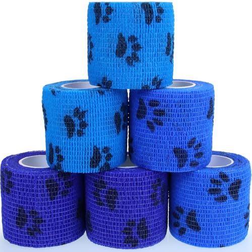Self Adhesive Bandage Wrap Animal Cohesive Bandage Self Adherent Wrap First Aid Tape for Dogs Cats Horses Birds & Wrist Healing Ankle Sprain (2 Inch Blue Paw 6 Rolls) - color: 2 Inch Blue Paw 6 Rolls
