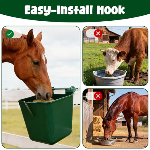 Horse Feed Bucket, 15 Quart Plastic Stall Hook Over, Green 4-Pack | Sturdy Hooks Secure to Gates or Fences, Versatile Bucket Suits Goats, Sheep, Livestock in Farms, Workshops, Yards