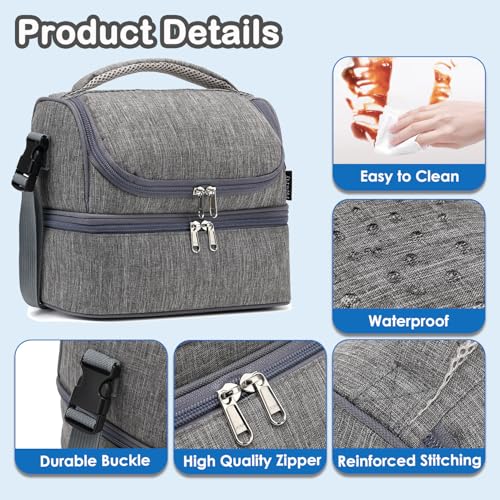 FlowFly Double Decker Cooler Insulated Lunch Bag Large Tote for Boys, Girls, Men, Women, With Adjustable Strap (Grey) - color: Gray