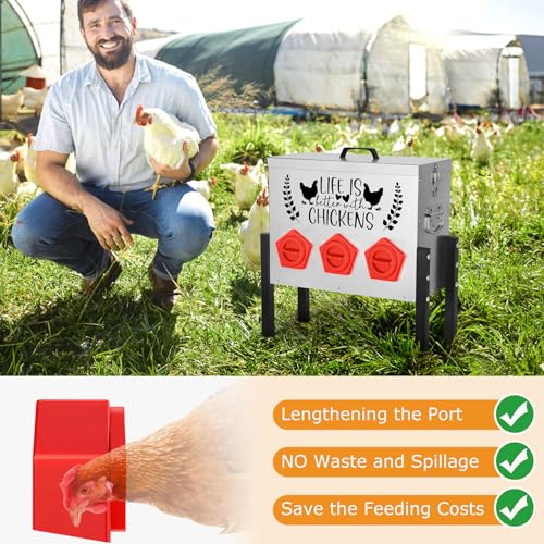 ‎Tgeyd 30 lb Large Capacity Automatic Chicken Feed Box with 6 Upgraded House-Shaped Flow Ports, Heavy-Duty Outdoor Metal Feeder with Adjustable Height & Locking Lid - color: Cockscomb Red