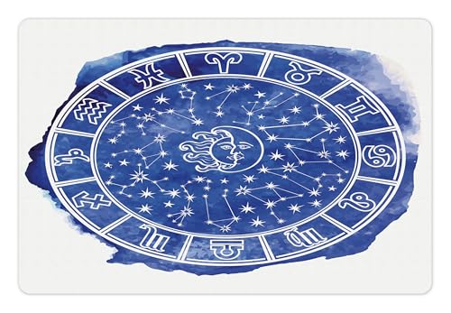 Lunarable Sun and Moon Pet Mat for Food and Water, Zodiac Circle Watercolor Backdrop Astrology Divination Fantasy Mystic, Non-Slip Rubber Mat for Dogs and Cats, 18" X 12", Blue White - color: Blue White