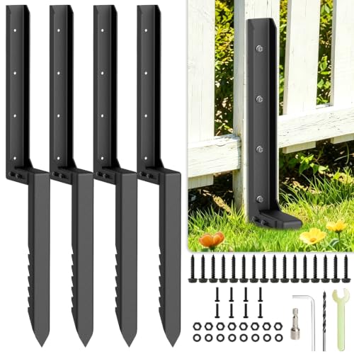 4PCS Fence Post Repair Kit with Serrated Design & Adjustable Width | Heavy Duty Black Coated Anchor Ground Spike for Repair Tilted or Broken 4x4/6x6 Wooden Posts