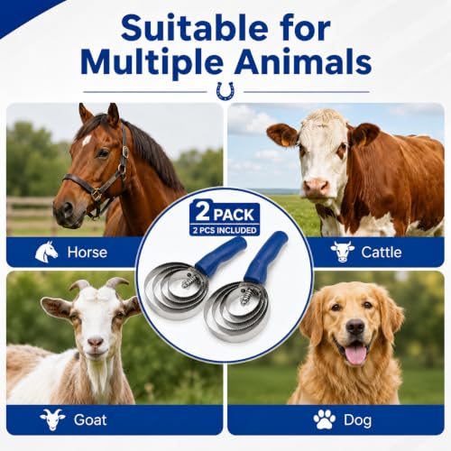 2-Pack Reversible Curry Combs for Horses and Pets, Stainless Steel | Four-ring stainless steel and rubber grooming combs feature reversible edges and soft-grip handles for farm animals and pets.