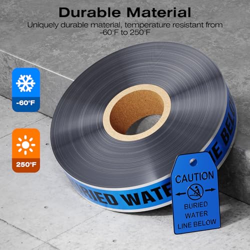 1000 Feet Caution Water Line Below Blue/Black Print Safety Tape with Above-Ground Caution Tag, 2 Inch x Foot 5 Mil, Detectable 2-Inch - style: Caution Buried Water Line