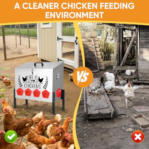 TGEYD 95 lb Galvanized Metal Chicken Feeder, 10 No-Waste Ports with Diversion Design, Extra-Large Heavy-Duty Outdoor Feeder Stand for Chickens, Ducks & Geese - color: Cockscomb Red