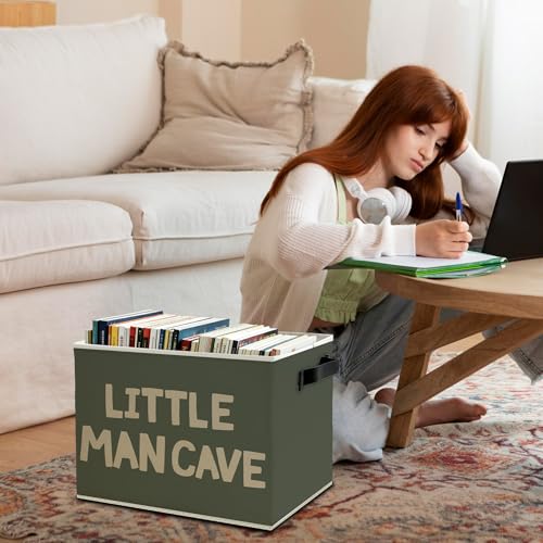 Little Man Cave Boys Storage Bins Box with Handles, Olive Green Boho Collapsible Basket Organizer for Kids Boys Playroom Nursery Room Bedroom Bathroom Books Clothes - color: Color02