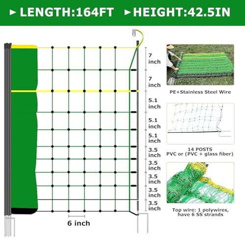 Electric Poultry Netting, 47.2" H x 164' L Electric Fence Netting | for Livestock, Cattle, Sheep, Goat, Is Robust and Durable, Requires No Assembly, Lightweight and Portable - size: 47.2" H x 164' L