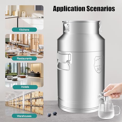9.2 Gallon Milk Can with Spout, 35L Milk Container Stainless Steel Bucket with Locking Sealed Lid, Airtight Food Storage Container for Home, Farm, Commercial Kitchen (9.2 Gallon/35L) - size: 9.2 Gallon/35L