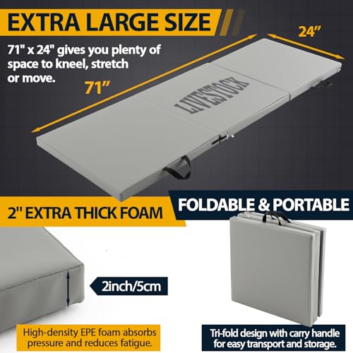 Breling Large Livestock Folding Fitting Mat 71” x 24”, 2” Thick Kneeling Pad with Carry Handle Portable, Gray Foldable Waterproof PU Leather Work Mat for Grooming, Farrier, Garage, Gardening & Outdoor