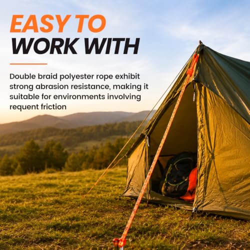 RIOOP Double Braid Polyester Rope, 1/2 in x 100 ft Heavy Duty Bull Rope | 48 Strands, 5290lbs Breaking Strength, for Tree Work, Camping, Hiking, Swing, Sailing and Indoor Outdoor Use, Orange - size: 1/2in x 100ft, style: Orange