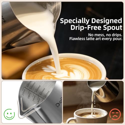 Dailyart Milk Frothing Pitcher 20oz Milk Frother Cup with Thermometer | 304 Stainless Steel 600ml Milk Pitcher with Scale Espresso Machine Accessories for Coffee, Cappuccino, Espresso,Latte Art - size: 20.3 Ounces