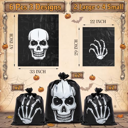 Qilery 6 pack Halloween Skull Leaf Lawn Bags for Outdoor Decorations Plastic Zombie Trash Bags with Skeleton Hand & Twist Ties for Lawn Yard Garden Patio and Party Decor - style: Skull