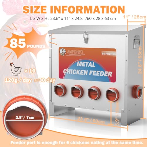 HAYOHRT 85 Pounds Automatic Chicken Feeder 6 Ports Large Gravity Fed Chicken Feeder with Latch & Handle for Chickens Bantams Pheasants Poultry Coop Weatherproof - size: 6 Ports - 85-120 lBS