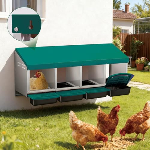 Galvanized Steel Chicken Nesting Box 4 Compartment with Pull Out Tray, Roll Away Nest Boxes for Laying Hens Egg Collection, Wall Mount Poultry Nest Box for Coop with Handle, Green - color: Green, size: 4 Compartments