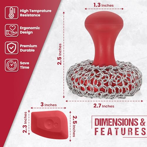 316L Chainmail Scrubber Cleaner Kit - Skillet Cleaner with Long Grip Handle | 316L Chainmail Scrubber + Pan Scraper + Long Handles - 316 Cast Iron Cleaner - Chain Mail Scrubber for Cast Iron Pans - style: Red CIS with Scraper (Handle)