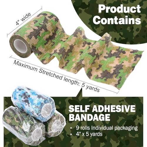 AZEN 9 Pack Camo Self Adhesive Bandage Wrap, 4" X 5 Yards Elastic Cohesive Bandage Wrap, Athletic Tape, Tattoo Tape Wrap, Vet Wrap, Ankle Tape (Camo) - color: Camo, size: 4IN - 9Pack