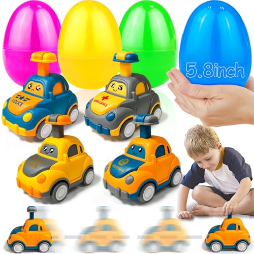 Jumbo 4 Pack 5.8 Inch Easter Eggs Filled with Press and Go Car Easter Toys Surprise Eggs for Kids Boys Toddlers Easter Basket Essential Stuffers Filled Easter Eggs with Toys for Party Favors Gifts - style: Press and Go Car