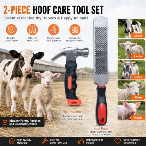 8 Inch Small Livestock Hoof Trimming Tool Kit 2PCS Heavy Duty Hoof Care Set | Double Sided High Carbon Steel Hoof Rasp, Mini Claw Hammer Nail Puller For Goats, Sheep, Mini Horses Donkeys-Farrier Tools