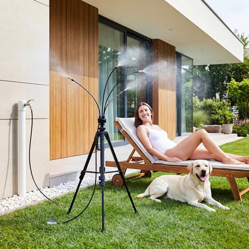 HOMENOTE Standing Misters for Outside Patio, 4.8FT Adjustable Height | Tripod Base, 26FT Misting Hose, Portable Misting System For Backyard Tanning, Pool, BBQ Cooling & Garden Watering