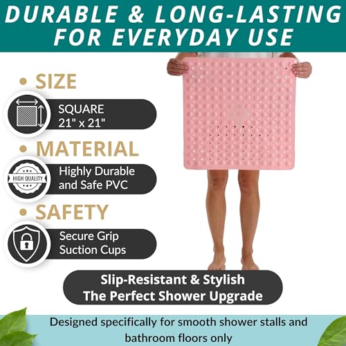 ENKOSI Square Shower Mat – 21 x 21 Inch Non-Slip Mat with Suction Cups and Drain Holes – Anti-Slip Square Bathroom Bathtub Shower Mats for Inside Shower (21x21 Baby Pink) - color: Baby Pink