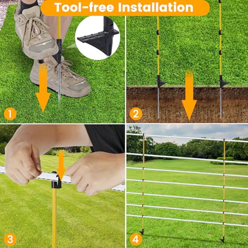 30 PCS Electric Fence Posts, 3/8" x 57" Step in Fence Post | 7 Wire Clips, Metal Ground Spikes, Easy Step-in Fiberglass Fence Posts for Temporary Electric Fencing, Farm Livestock, Garden - size: 57Inch-30PCS