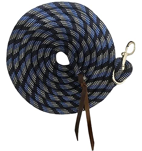 Majestic Ally 14' Pack of 2 Poly Training Lead Rope with Leather Popper for Horses & Livestock – 14 Foot Long and 5/8 inch Thick - Replaceable Heavy-Duty Bolt Snap (Navy-Blue-White) - color: Navy-Blue-White