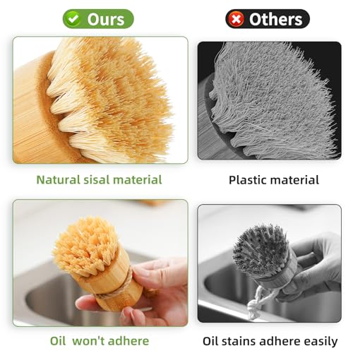 SUBEKYU Bamboo Dish Scrub Brush,Produce Brush,2 Pack with Holder | Vegetable Brush,2-Pack Natural Sisal Bristles-2 Soft, 1 Firm,Kitchen Wooden Cleaning Scrubbers Engineered Stone holder Set - color: Sandstone Base +Sisal 1p+palm 1p, size: Regular size