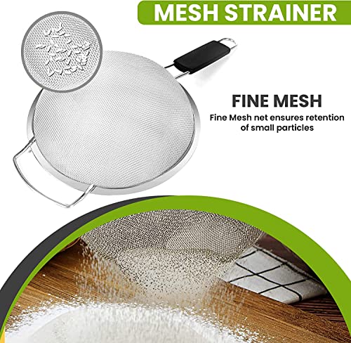 9" Large Fine Mesh Strainer with Thermo Plastic Rubber Handle - Sieve Fine Mesh Stainless Steel - Ideal Kitchen Essential to Strain Pasta, Quinoa and Rice