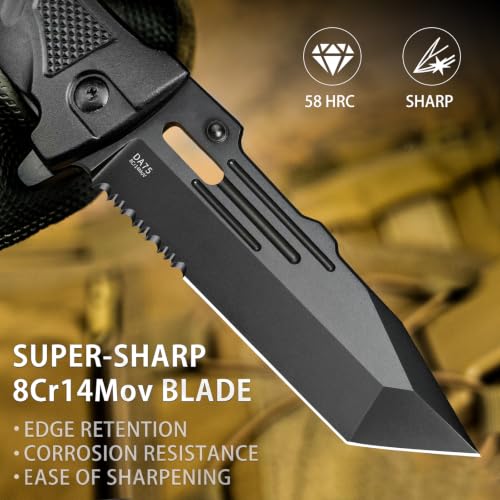 NedFoss Pocket Folding Knife DA75, 3 in 1 Pocket Knife Gifts for Men Women, Survival Knife with Liner-Lock Belt Clip, Seat Belt Cutter, Glass Breaker, Hunting knife for Camping Hiking (Black-Standard Tanto Edge, 3.9“Tanto Edge) - color: Black-Standard Tan