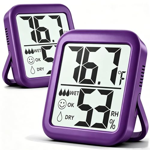 Antonki 2 Pack Room Thermometer Indoor Hygrometer | Monitor Temperature & Humidity, Accurate, Fast Read, Easy To View, Magnetic/Kickstand/Hanging, ℉/℃, w/ Battery, Compact - color: 2 Pcs* Lavender Purple
