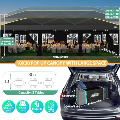 COBIZI 10x30 Pop Up Canopy with Sidewalls, One Push Easy Setup, Black | Canopy UPF 50+ Waterproof Gazebo Party Tents for Parties, Backyard, Commercial Event - color: Black(1-year warranty), size: 10x30 with Sidewalls