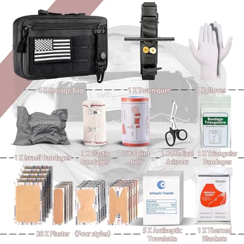 IFAK Trauma Kit with Tourniquet, 4-Inch Israeli Bandage, Elastic Bandages, Set of 34 Pieces Tactical First Aid Kit for Car, Camping, Hiking and Travel (Black) - color: Black