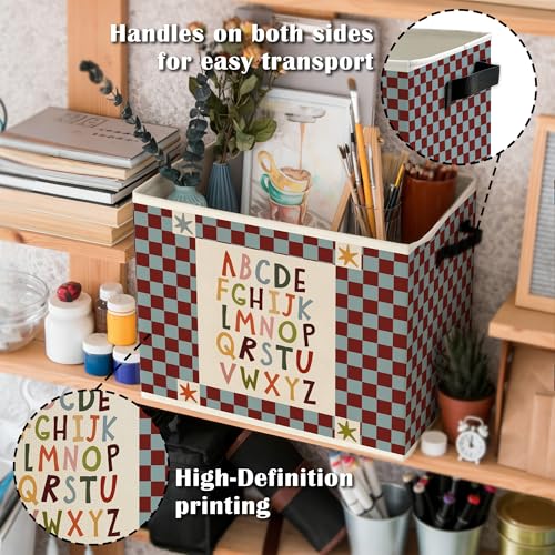 Alphabet Classroom Storage Bins Box with Handles, Red Blue Checkered Alphabet Educational Collapsible Basket Organizer for Classroom Toddler Kids Room Bedroom Bathroom Books Clothes - color: Color19