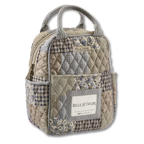 Bella Taylor Lunch Tote, Quilted Lunch Bag, Khaki Patchwork | Lightweight quilted cotton lunch box, easy-to-clean PEVA lining, 3 outside/1 inside pocket, durable construction - color: Khaki Patchwork