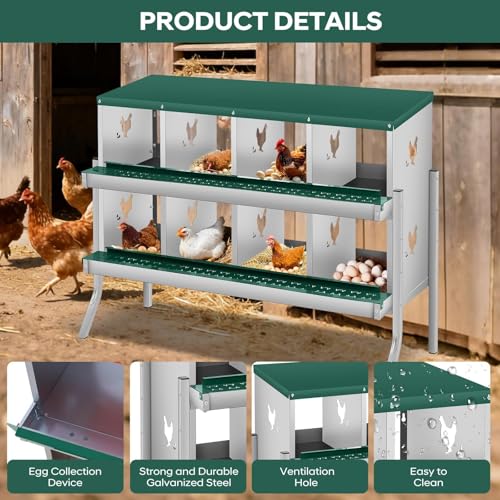 Chicken Nesting Boxes, 8 Compartment Metal Stainless Steel Chicken Laying Boxes with Legs, Removable Roll-Away Trays & 2-in-1 Perch, Easy to Clean and Install, for Outdoor Chicken Coop, Green - color: Dark green, size: 8 Room&Mat eggs