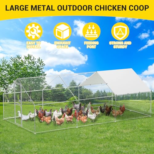 Garvee Large Metal Chicken Coop with Waterproof and Anti-UV Cover, Walk-in Poultry Cage with Double Door, Large Chicken Run for Backyard Farm Use, 9.8x19.7X 6.6 ft