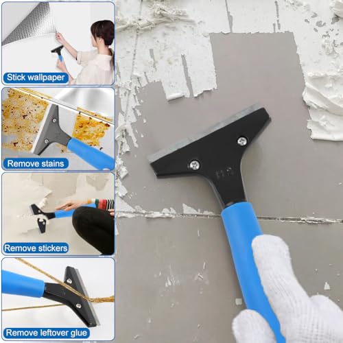 Heavy Duty Floor Scraper, 4" Wide Razor Blade Scraper Tool with 48" Long Handle, 10PCS Extra Metal Blades for Cleaning Wall Glass Floor Paint Gum Stains Stickers Linoleum Stove Top