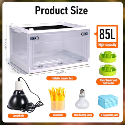 Chick Brooder Box with Adjustable Heat Lamp, Waterer & Feeder | Foldable Plastic Brooder Box for Chicken Chicks Ducks Quail Baby Birds, Transparent Visible, Easy to Clean, Waterproof