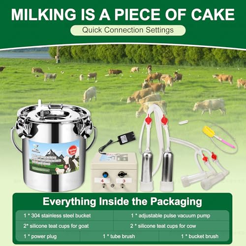 Upgrade 2-in-1 Goats and Cows Milking Machine, 0.8Gal/3L Food-Grade Stainless Steel Bucket with 5200mAh Built-in Rechargeable Battery, 4 Teat Cups, Cordless Pulsation Vaccum Electric Milking Machine - size: 3L