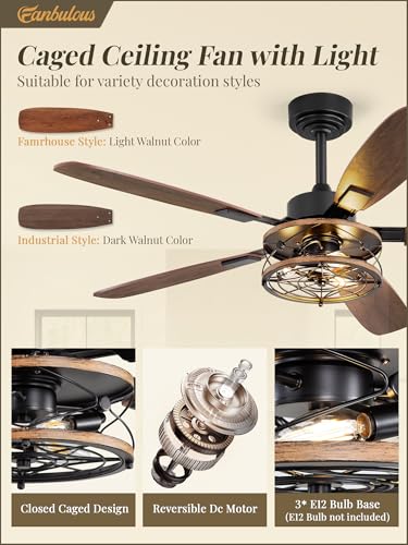 52 Inch Farmhouse Ceiling Fan with Light and Remote, Black Industrial Caged Flush Mount Ceiling Fans with 6 Speed Reversible Motor and Dual Finish 5 Blades, Rustic Ceiling Fan for Living room, Bedroom | Industrial Caged Flush Mount Ceiling Fans with 6 Spe
