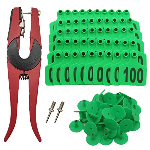 Cattle Ear Tags 001-100, 100Pcs Plastic Livestock Ear Tag for Cows Goats Sheep Pigs with Pliers Applicator & 2 Pins, Animal ID Tags for Ranch Farm Herd Tracking, Laser Print (001-100, Green) - color: Green