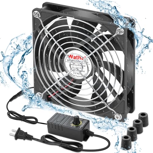 Wathai 120mm Waterproof Small Box Fan IP67 12V Computer Fan AC 110v 120v | Dual Ball Fan with AC Plug DC 12V to AC 110V 240V Speed Controller for Biltong Box Grow Tent Terrarium Aquarium Greenhouse - style: IP67 120mm fan with Controller