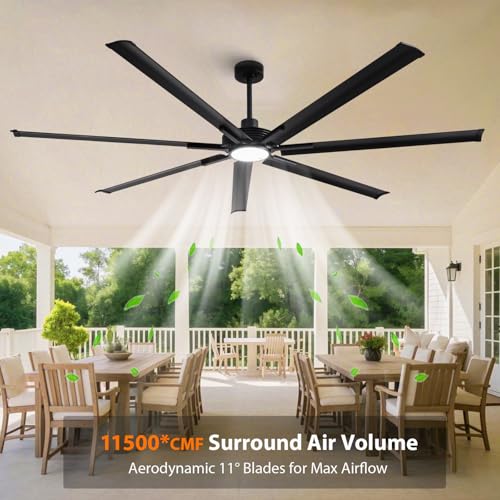 100" Large Commercial Ceiling Fan Lights & Remote - Damp-Rated Outdoor Ceiling Fans for Patios, Modern Industrial Design, 6-Speed, Dimmable LED, Use for House, Shop, Garage,High-Traffic Areas - color: 100" Black, size: 100-inch