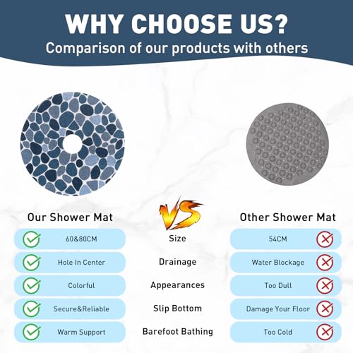 Anti Slip Shower Mat, 24 Inch Diameter Round Non Slip Shower Mats for Inside Shower, Soft Loofah Shower Floor Mat with Center Drain Hole, Quick Drying - color: Cobblestone