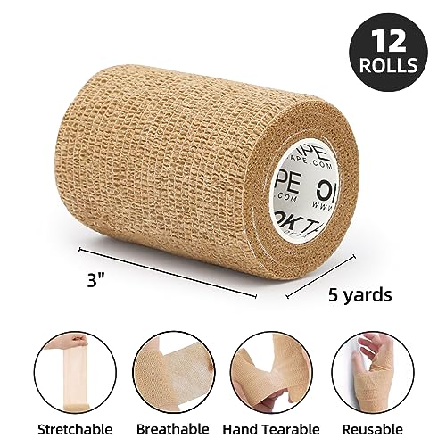 OK TAPE Self Adherent Cohesive Bandages Wrap 12Packs 3" x 5 Yards | Non-Woven Self Adhesive Bandage Wrap for Thumb, Finger, Wrist, Ankle, Vet Wrap Bandages Tape (Beige) - color: Beige/Tan, size: 3 In x 5 Yards