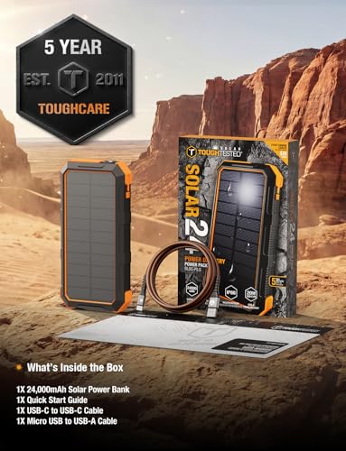 ToughTested 24000mAh Solar Power Bank, LED Flashlight, USB-C Fast Charging | Fast charging power bank with LED flashlight and IP66 rugged protection for camping, travel, and emergencies