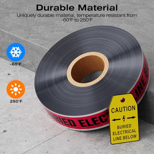 1000 Feet Caution Buried Electric Line Below Red/Black Print Safety Tape with Above-Ground Caution Tag, 2 Inch x Foot 5 Mil, Detectable 2-Inch - style: Caution Buried Electric Line Below