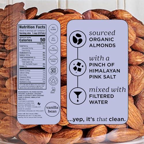 Mooala Organic Simple Almond Milk Vanilla, 32oz - 4 Ingredient, Shelf Stable, No Gums, No Oils, No Fillers, Unsweetened, Non-GMO, No Additives, Dairy Free Plant Based Milk, 6 pack