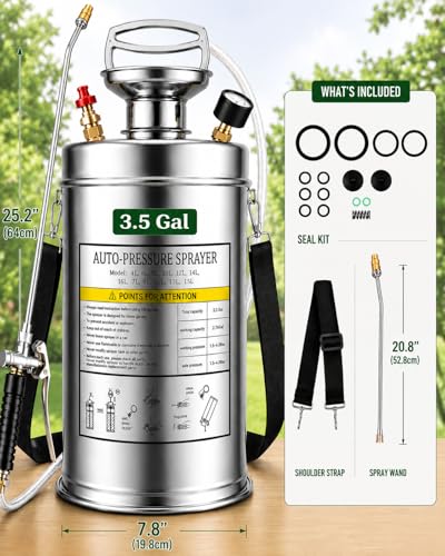 3.5 Gallon Stainless Steel Sprayer, Hand Metal Pump Up Sprayer Reinforced Hose with Pressure Gauge, Safety Valve & Adjustable Nozzle, Garden Weed Sprayers for Lawn, Gardening, Sanitizing - style: 3.5 Gal